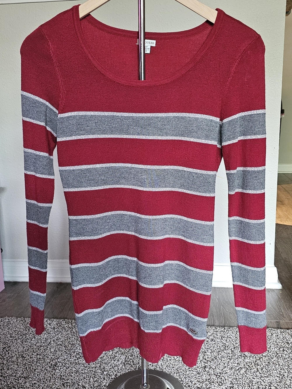 Guess Red and Gray Striped Scoop-Neck Sweater
